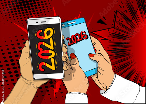 Cartoon Smartphone, comic book Telephone with Gift Box and number 2026. Retro vector comics pop art design.