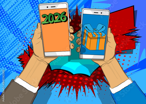 Cartoon Smartphone, comic book Telephone with Gift Box and number 2026. Retro vector comics pop art design.