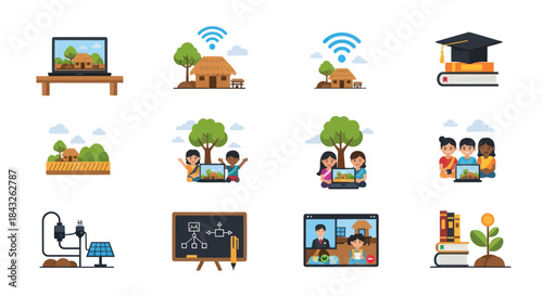 Collection of Online Education and Remote Learning Flat Illustrations.