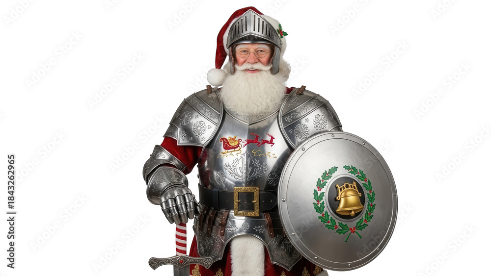 Fototapeta premium Santa Claus in Medieval Armor with Shield and Sword on Black Background