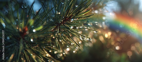 Close up of pine needles with water droplets and a vibrant rainbow