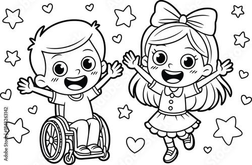 Happy disabled boy and cheerful girl cartoon illustration celebrating friendship, inclusion, diversity, joy, childhood, accessibility, and playful emotions together