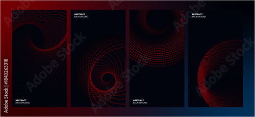Set of four abstract dark backgrounds with dynamic red dotted spiral patterns. These modern, futuristic, and technological designs are perfect for posters, social media stories, mobile wallpapers.