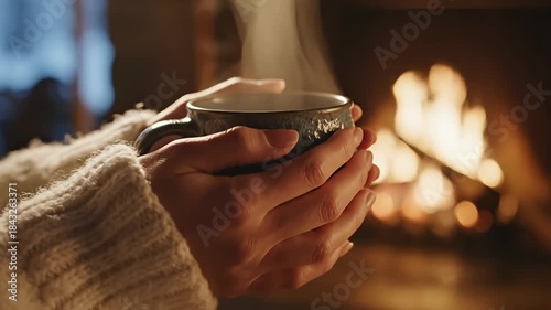 Cozy Winter Warmth - Hands Holding Steaming Mug by Fireplace.