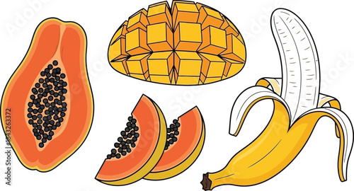 Fresh tropical fruits illustration featuring papaya mango and banana on transparent background