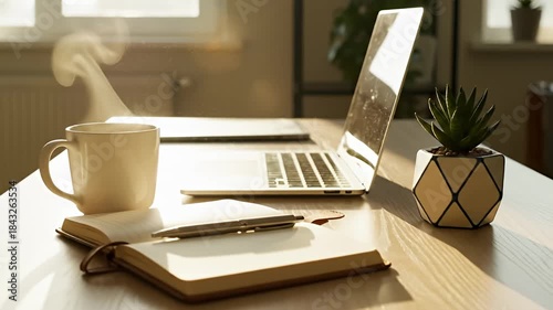 Cozy Workspace - Laptop, Coffee, and Notebook for Productive Work.