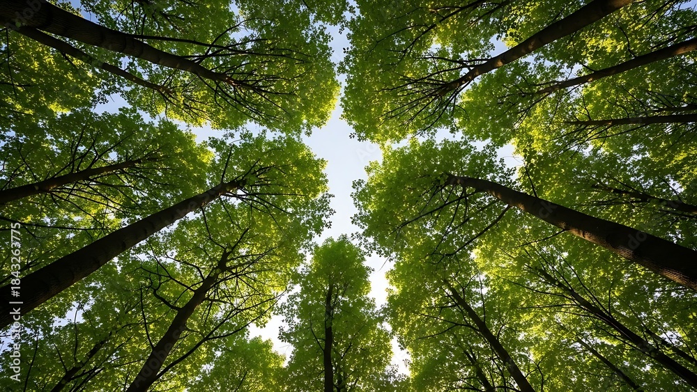 Fototapeta premium Sunlight streaming through bright green summer leaves and tree branches in the forest