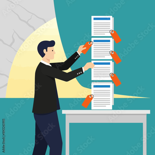 Document tagging process businessman organizing paperwork with price labels for inventory management data classification and administrative task completion