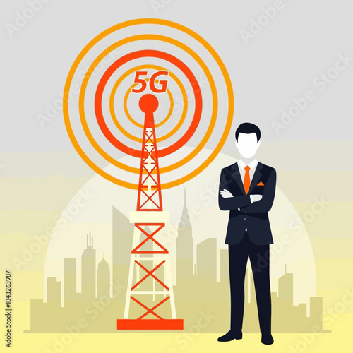 5g network tower transmission signal technology businessman standing arms crossed city skyline wireless communication infrastructure future connectivity innovation development