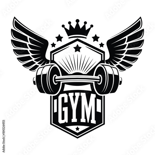 Vintage gym logo emblem with wings, crown, and dumbbell vector design for fitness branding