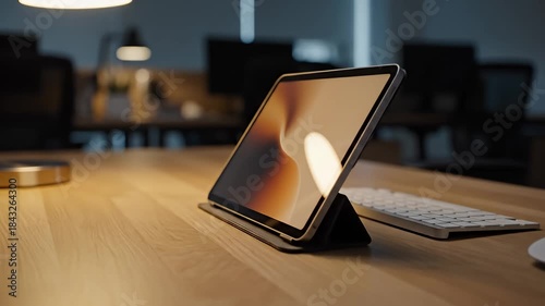 Modern Workspace - Tablet, Keyboard, and Mouse on Wooden Desk.