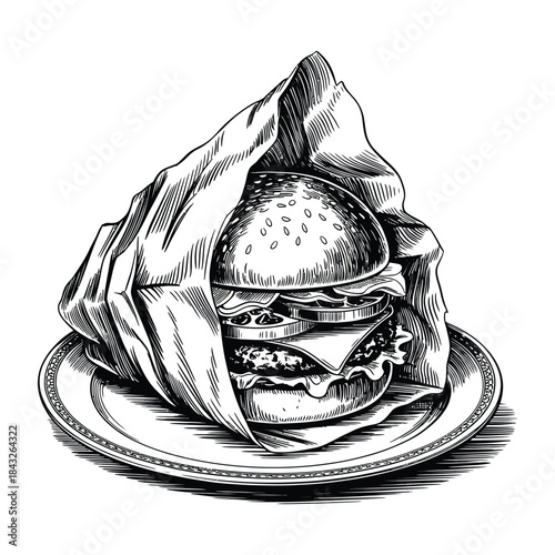 Hand-drawn sketch style illustration of a large burger wrapped in paper on a plate vector