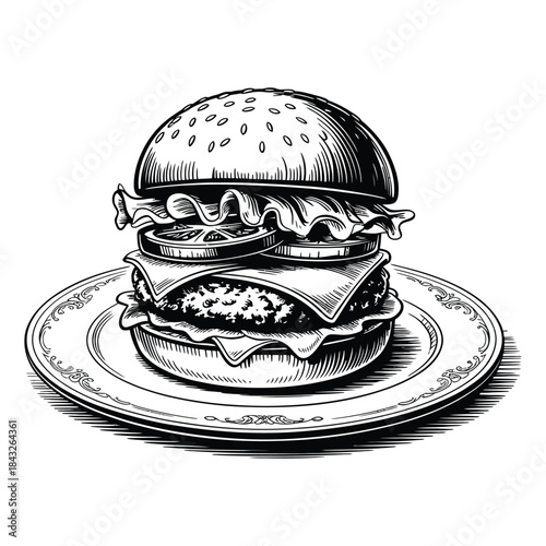 Classic engraving style illustration of a single cheeseburger on a plate vector