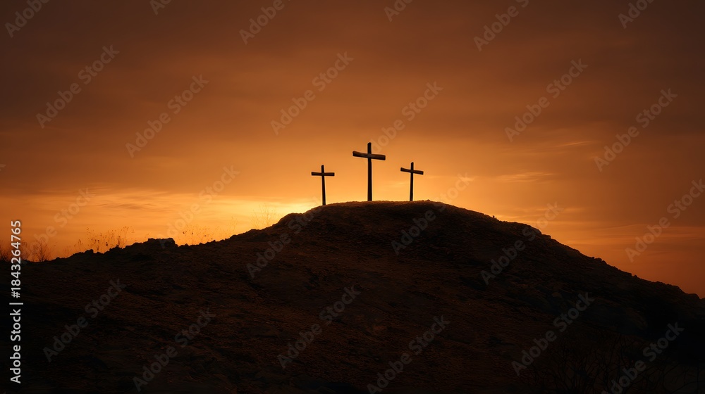 Obraz premium Three Crosses Silhouetted Against a Dramatic Sunset Sky.