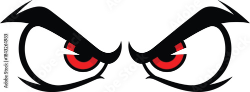 Cartoon eyes with red pupils and curved eyebrows a fierce expression on transparent background