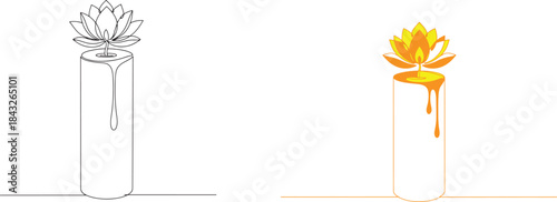 Minimalist continuous line art of a lotus flower candle burning brightly symbolising peace and enlightenment.