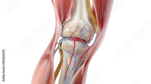 Knee pain anatomy illustration showing medical joint structure, ligaments, bones, and inflammation isolated on white background healthcare diagnosis concept
