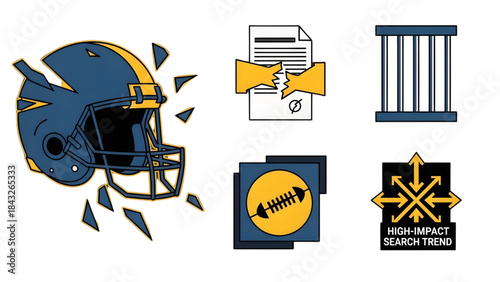 Sports themed icons including a shattered helmet, broken contract, prison bars, football, and high impact search trend