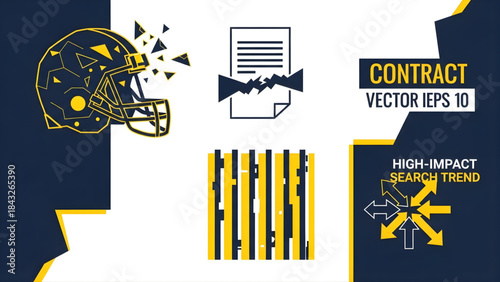 Iconic visuals of a shattered football helmet, ripped document, and directional arrows symbolizing a high-impact search trend for a business or technology concept
