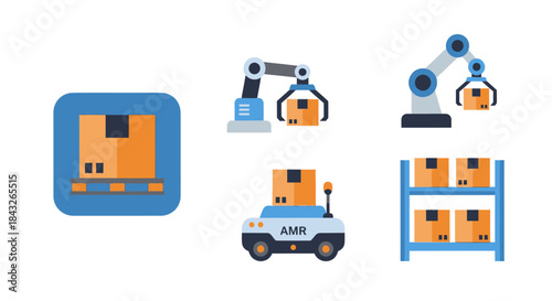 Automated warehouse logistics icons featuring robots AMR and shelving.