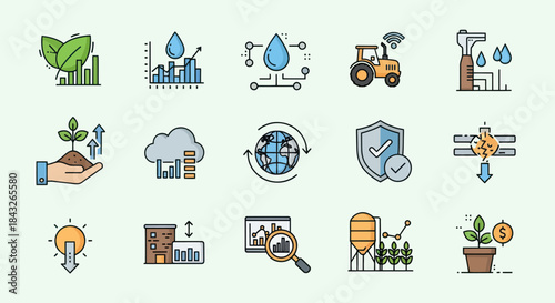 Collection of Colorful Smart Agriculture and Farming Icons Representing Modern Agricultural Technologies.