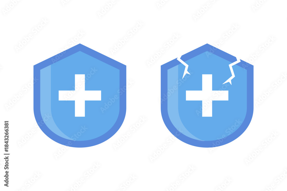 Obraz premium Medical protect secure shield icon set. Shield with cross mark. Healthcare, medicine, hospital, antivirus, immune, prevention, safety concepts. Flat vector design isolated illustration.