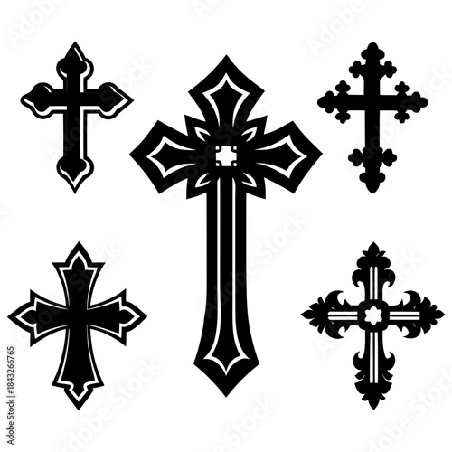 set of cross silhouette five different style cross Christian religion vector design 