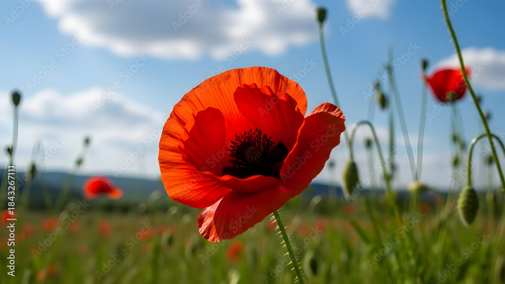 Obraz premium A stunning red poppy stands majestically in a sprawling green field under a brilliant blue sky, its delicate petals open to the sunlight, evoking feelings of natural beauty and tranquility