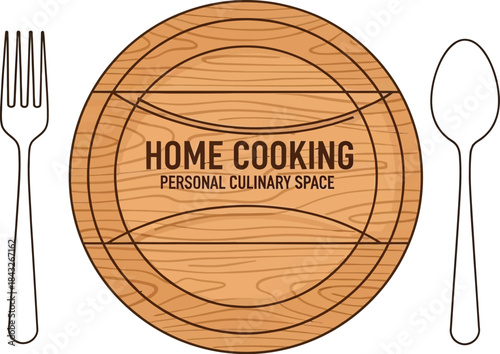 Wooden plate with cutlery and home cooking text perfect for culinary designs on transparent background