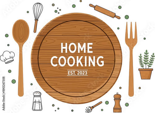 Home cooking themed illustration with utensils plate and greenery on transparent background