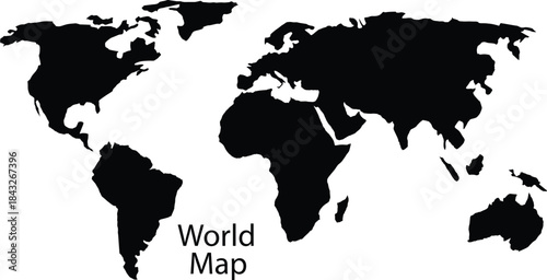 Black Silhouette World Map Vector Illustration | Global Business, Travel, Geography and Communication