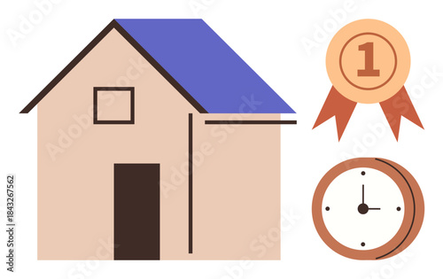 Minimalistic house design with a blue roof, gold medal with one, and clock face. Ideal for homeownership, achievement, time management, real estate success, punctuality, goals simple flat metaphor