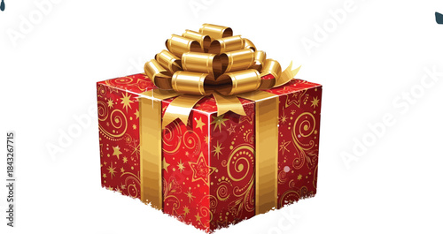 Beautifully wrapped christmas present with golden bow sitting in fresh snow surrounded by winter wonderland scenery creating a festive holiday mood