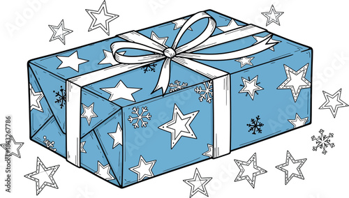 Beautifully wrapped christmas present with blue paper white ribbon stars and snowflakes for a festive holiday celebration and gift giving occasion