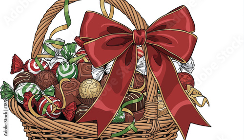 Wicker basket overflowing with assorted chocolates and candies tied with a festive red bow against a solid blue background for a holiday celebration