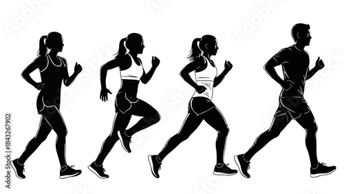 Diverse Group of Silhouetted Athletes Running in Synchronized Motion - Health and Fitness
