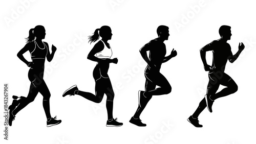 Diverse Group of People Running Silhouettes, Dynamic Fitness and Sport Concept