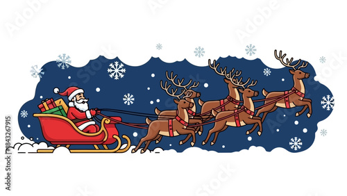 Santa Claus Flying in Sleigh Pulled by Reindeer Through Snowy Night Sky