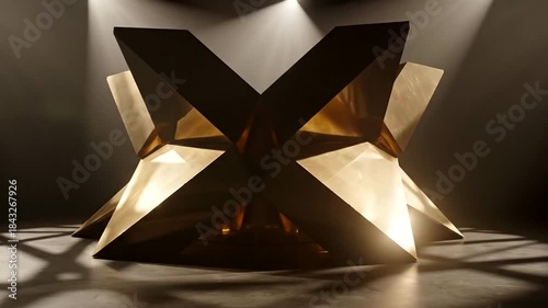 Abstract geometric sculpture illuminated in a dark studio with dramatic lighting