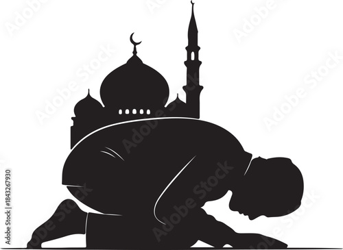Minimalist black silhouette icon of a Muslim man and Muslim woman praying
