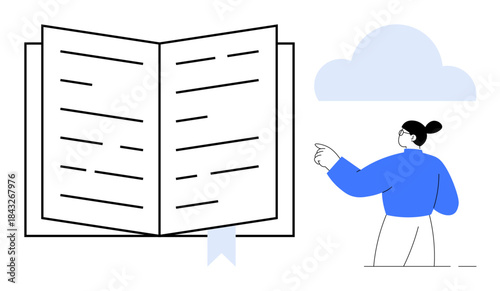 Education, learning, reading, knowledge sharing, digital innovation, content creation. Open book with visible text and a bookmark, person pointing to it against a cloud shape. Education and learning