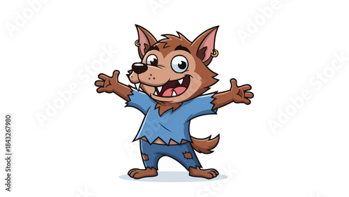 Cute Cartoon Werewolf Cub with Ripped Clothes and Open Arms, Playful Character