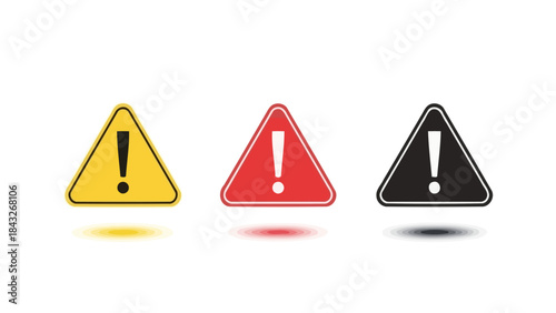 Set of Yellow, Red, and Black Warning Triangles with Exclamation Marks and Shadows