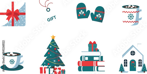 Winter holiday icons featuring a christmas tree gifts hot cocoa mittens and a house creating a festive seasonal design for cards and decor