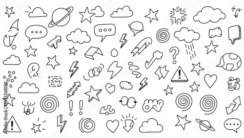 Hand-Drawn Doodle Icons Collection: Stars, Clouds, Planets, and Symbols