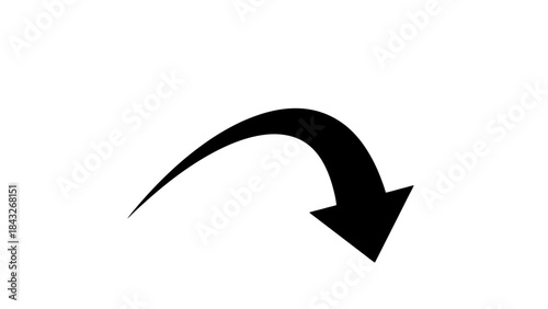 Bold Black Curved Arrow Pointing Downward, Isolated on White Background