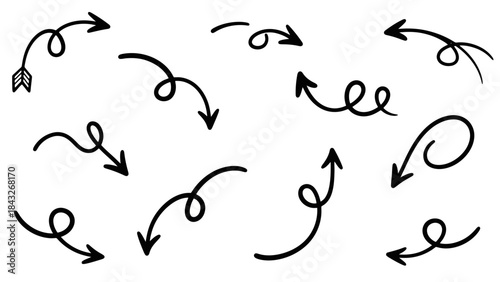 Collection of Hand-Drawn Doodle Arrows and Swirls on White Background