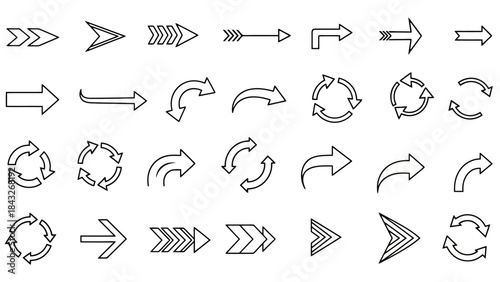 Collection of Various Arrow Icons and Symbols in Outline Style on White Background