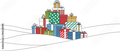 Colorful christmas presents stacked high on snowy hills creating a festive winter scene perfect for holiday greetings and seasonal promotions