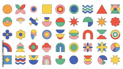 Collection of Colorful Geometric Abstract Shapes and Icons, Retro Style Vector Art